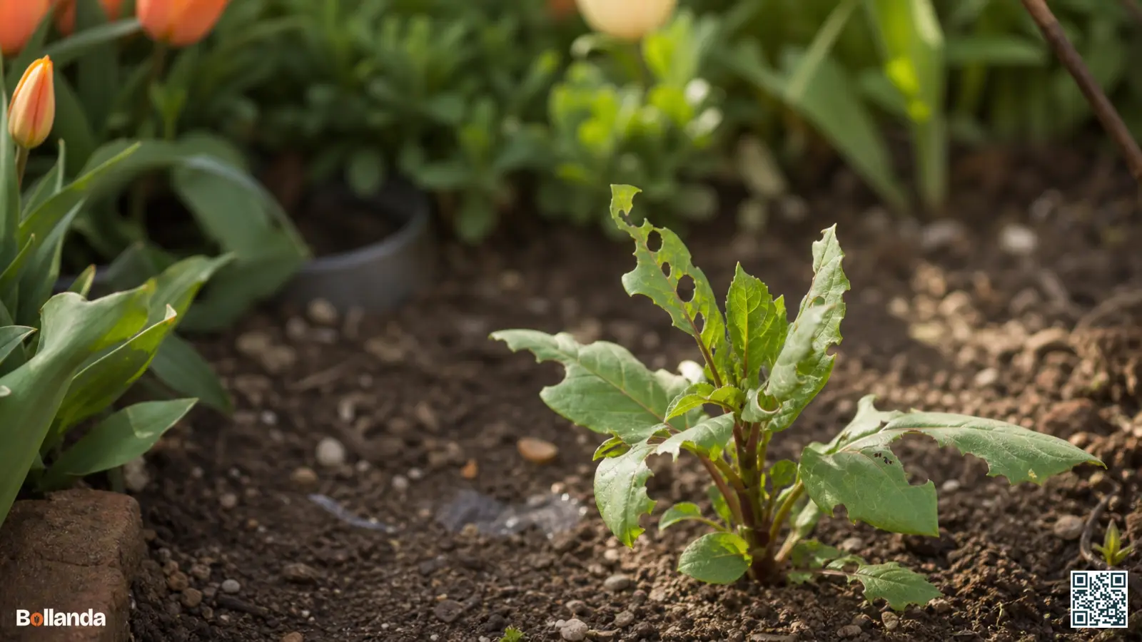 Jonge dahliascheut met gerafelde slakkenvraat en een zilverachtig slijmspoor in een tuinborder.