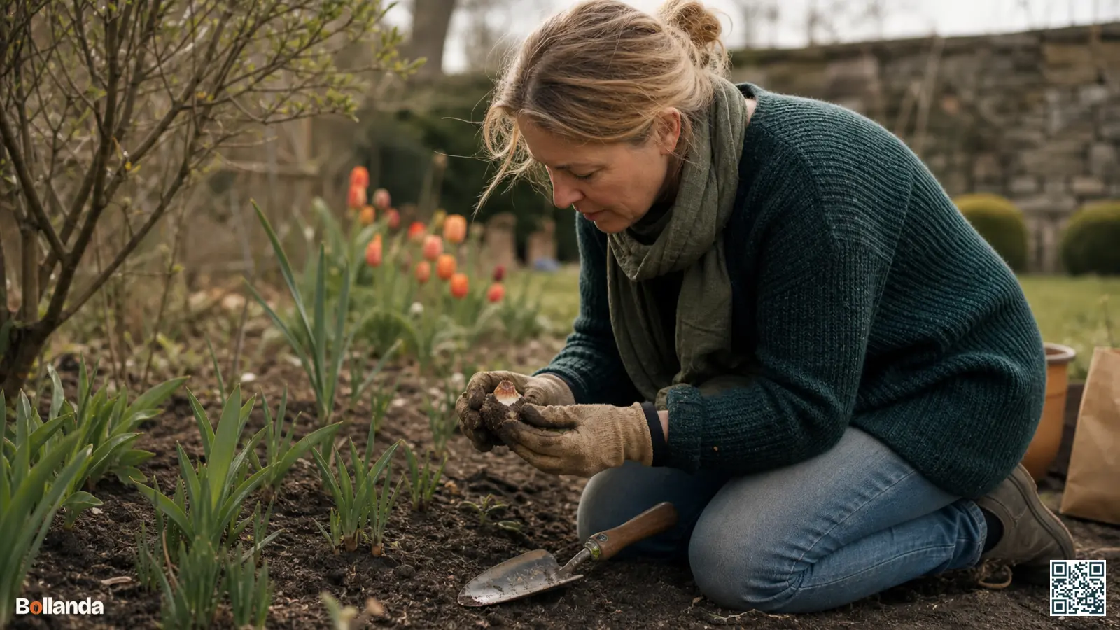 Tuinier onderzoekt een niet opgekomen bloembol in een border met enkele gezonde groene spruiten ernaast.