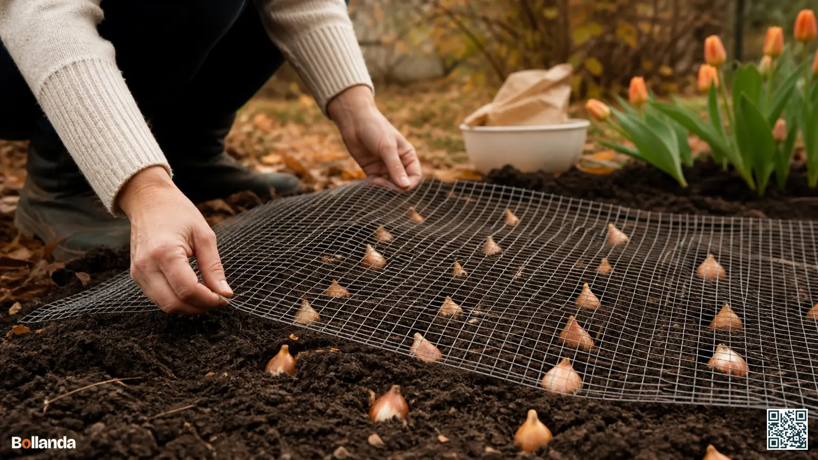 Tuinier legt fijn muizengaas over net geplante bloembollen in de herfstgrond ter bescherming tegen vraat.