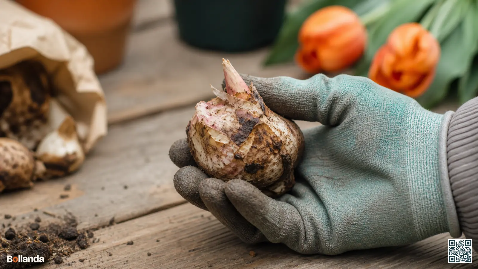 Hand houdt een zachte, bruin verkleurde bloembol met witroze schimmel vast, een teken van Fusarium-bolrot.