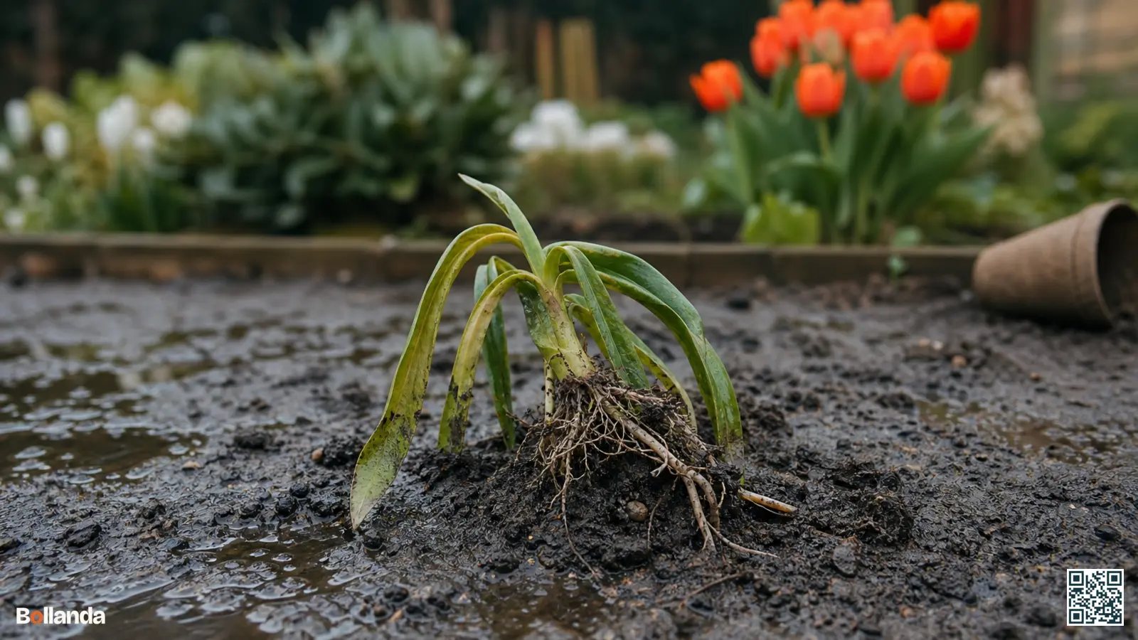 Jonge bolplant met slap blad en zacht wortelrot in te natte tuingrond door Pythium.