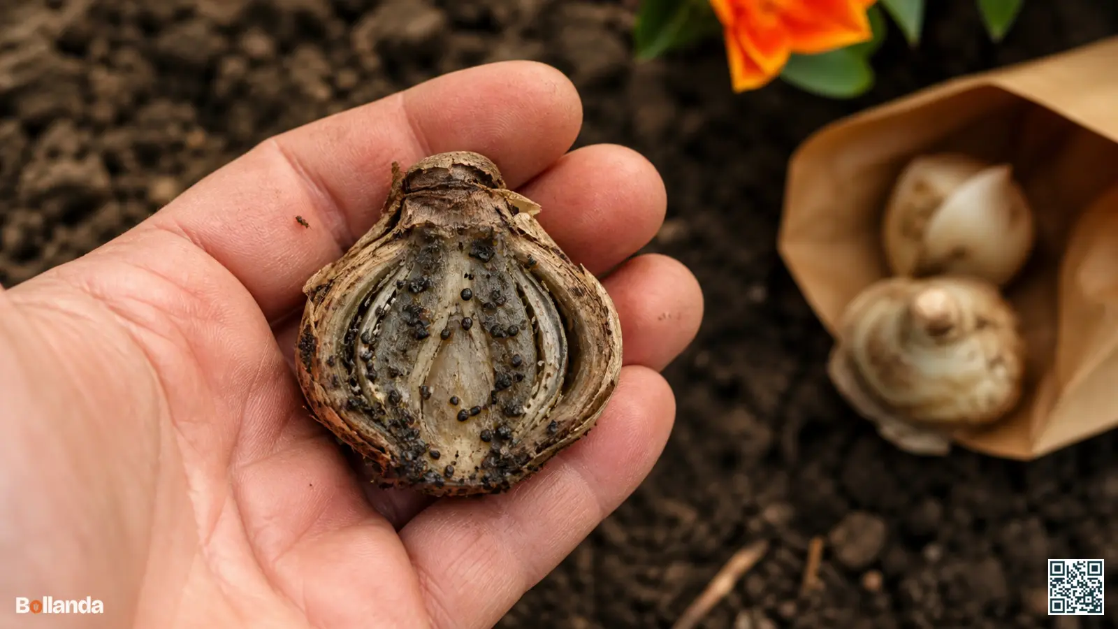 Doorgesneden hyacintenbol met grijze rottende bolrokken en zwarte sclerotiën als kenmerk van zwartsnot in een hand.
