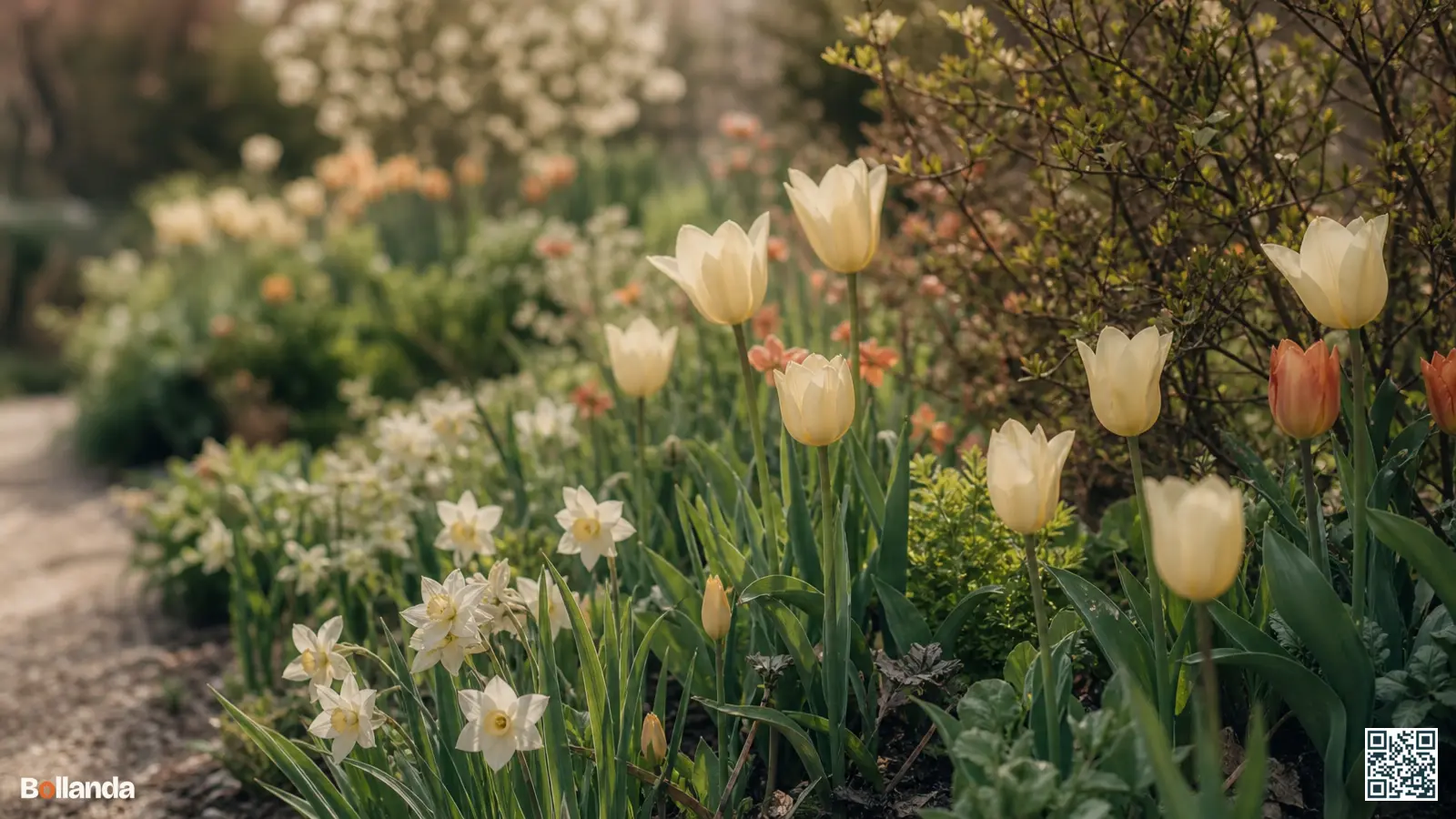 Gelaagde tuinborder met bloembollen die elkaar opvolgen voor doorlopende bloei door het hele jaar heen.