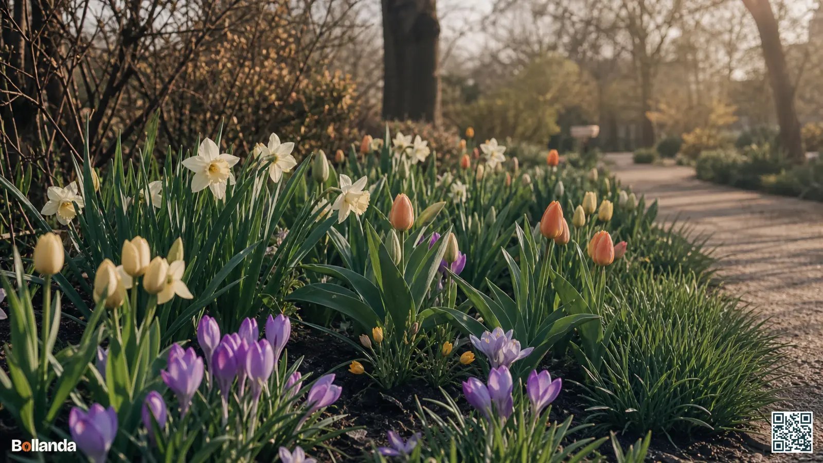 Voorjaarsborder met krokussen, narcissen en tulpen die samen bloeien in zacht ochtendlicht in een Nederlandse tuin.