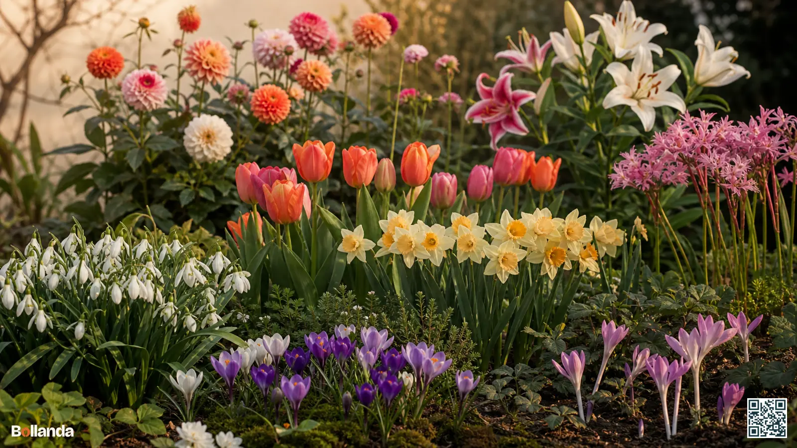 Nederlandse tuinborder met bloembollen in vier seizoenen, van sneeuwklokjes tot dahlia's en herfsttijloos.