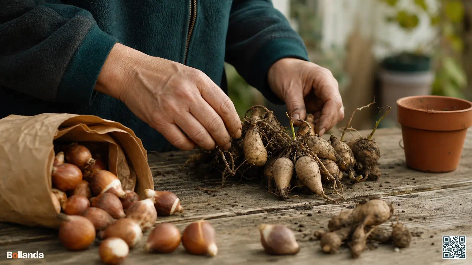 Handen sorteren verschillende bloembollen en knollen op een houten tuintafel, ingedeeld naar bolgroep en plantmoment.