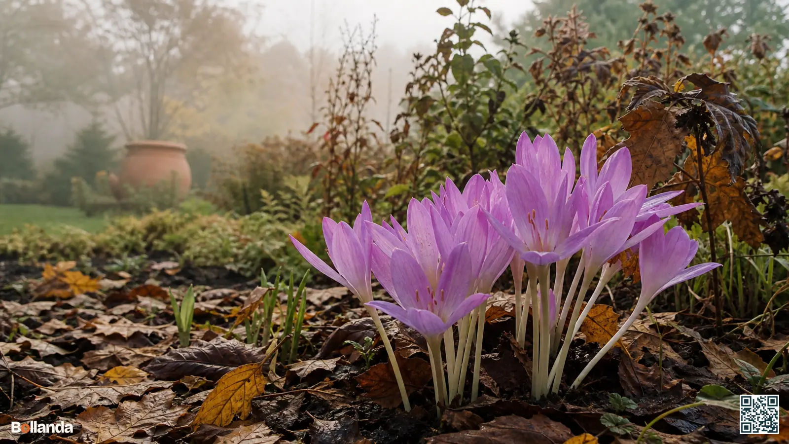 Roze herfsttijloos bloeit bladloos tussen herfstbladeren in een nevelige tuinborder vol najaarskleur.