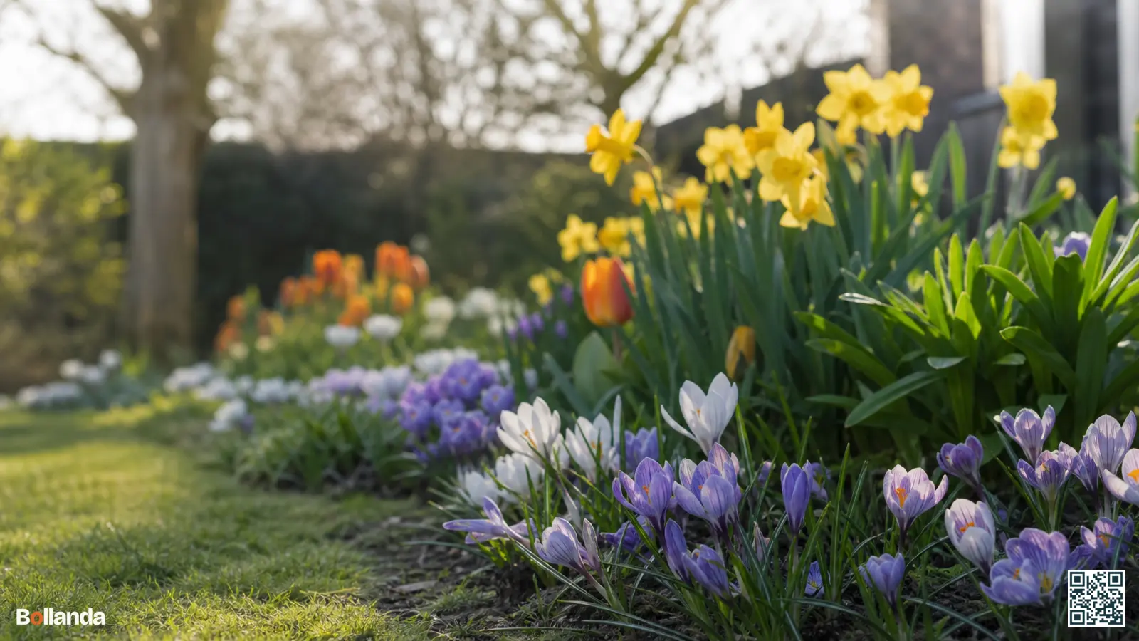 Bloeiende voorjaarsborder met krokussen, narcissen en vroege tulpen in zacht ochtendlicht in een Nederlandse tuin.
