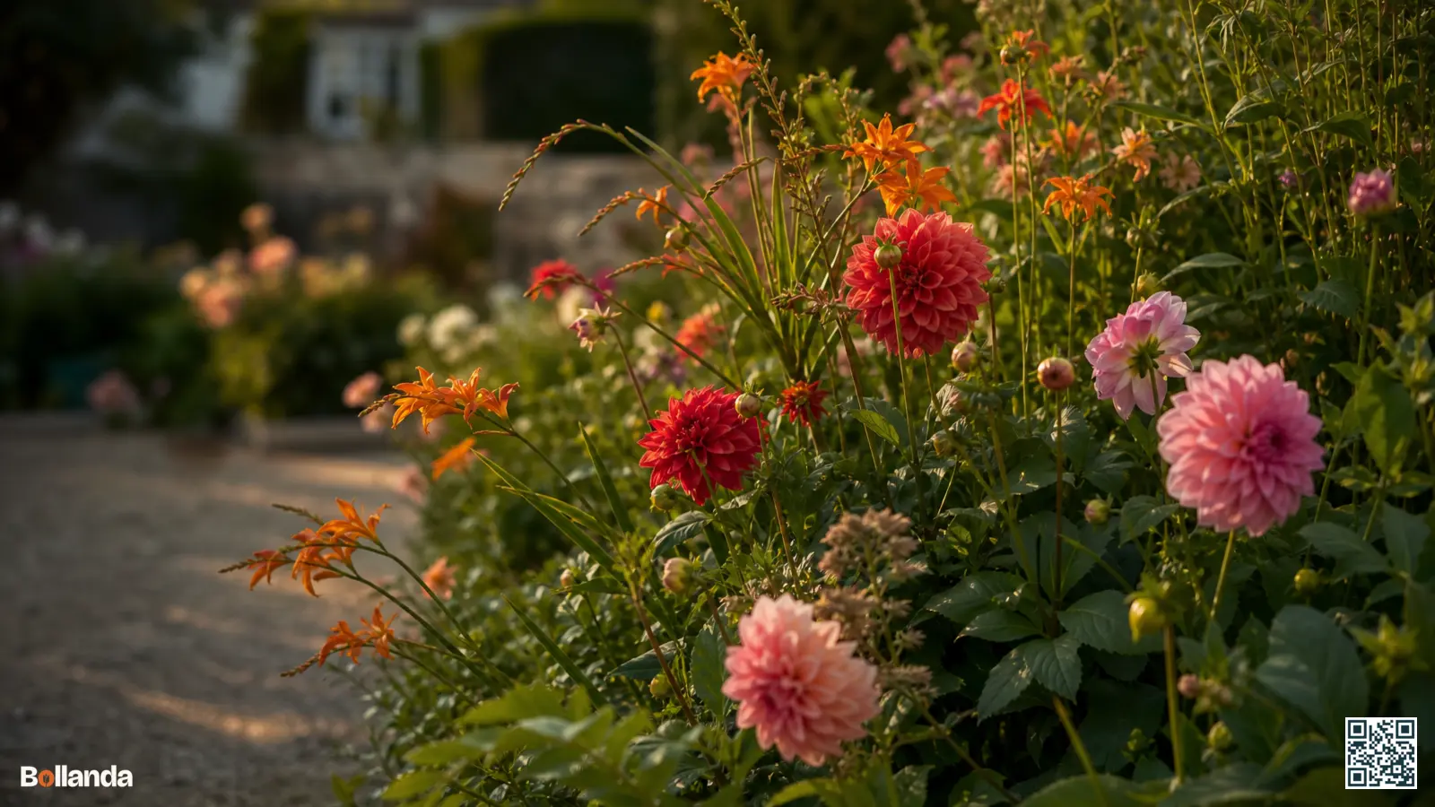 Zomerse border in juli met bloeiende dahlia's, lelies en crocosmia in warme kleuren in een Nederlandse tuin.