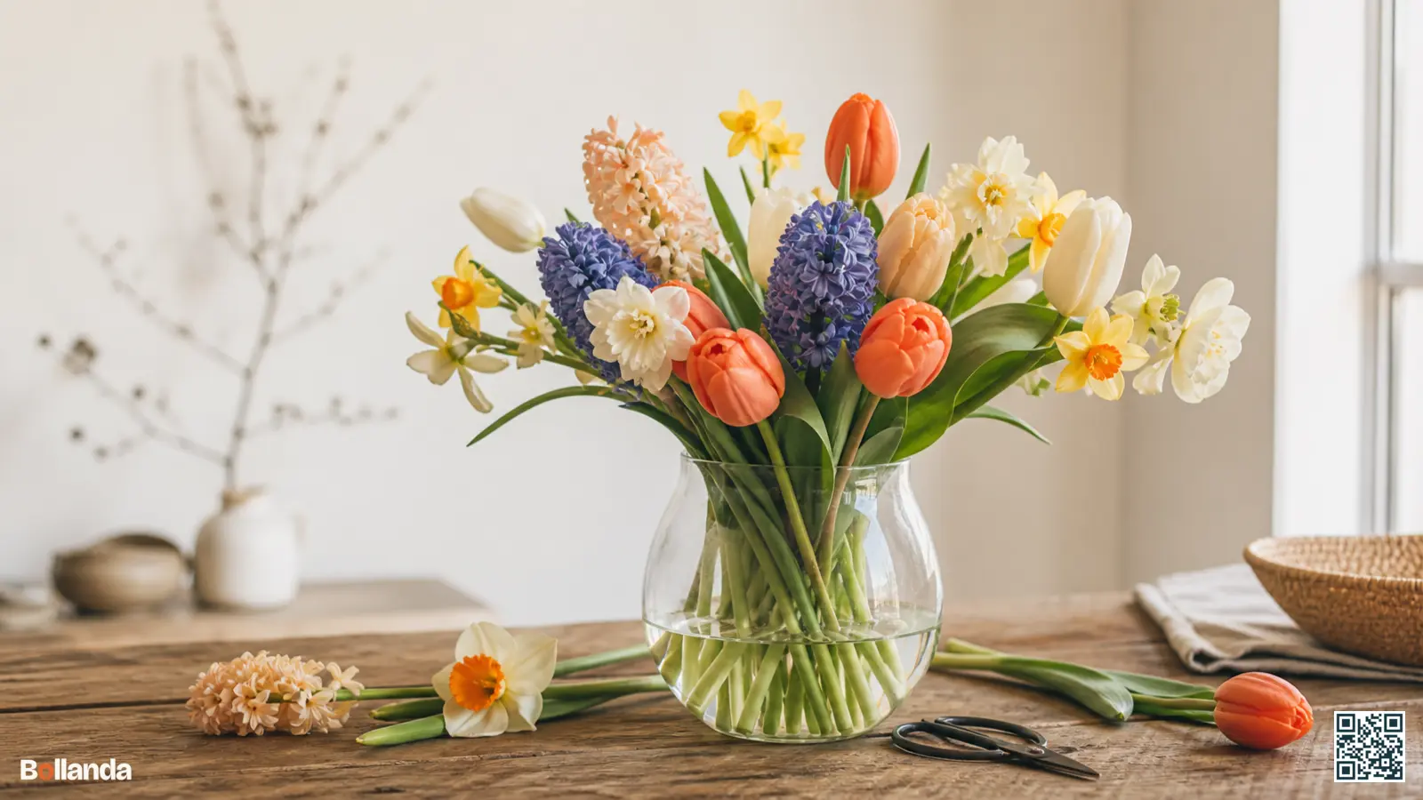 Vers geplukte bolbloemen zoals tulpen en narcissen in een glazen vaas op een houten tafel met snoeischaar.