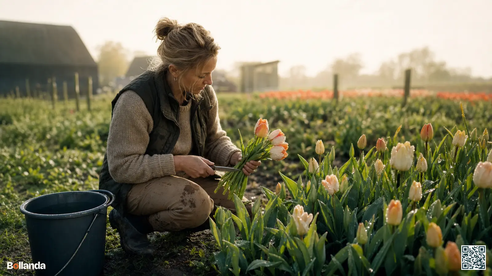 Een tuinier snijdt tulpen met een scherp mes in de vroege ochtend bij een emmer water.