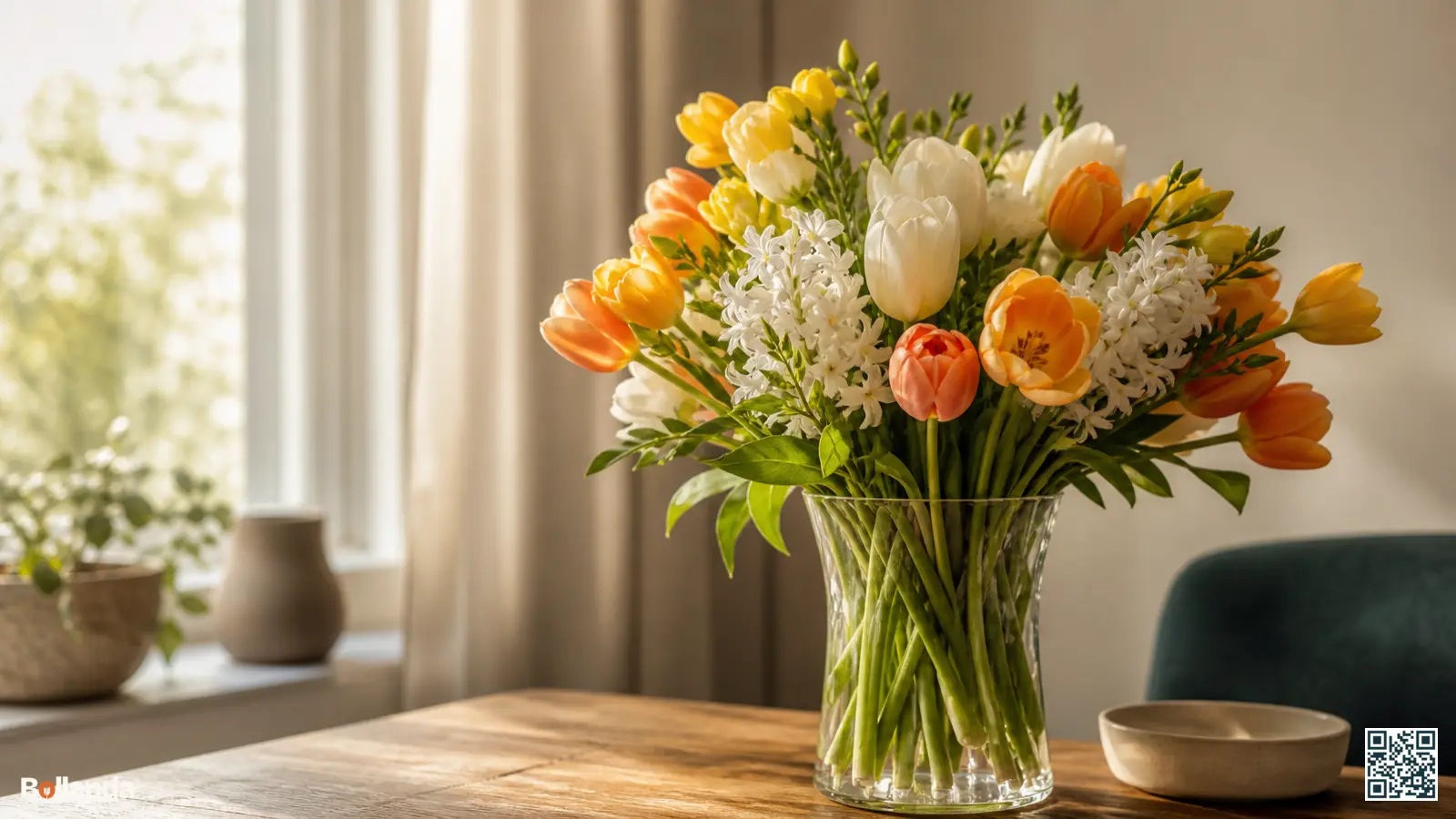 Verse bolbloemen zoals tulpen en hyacinten in een glazen vaas op een houten tafel bij het raam.
