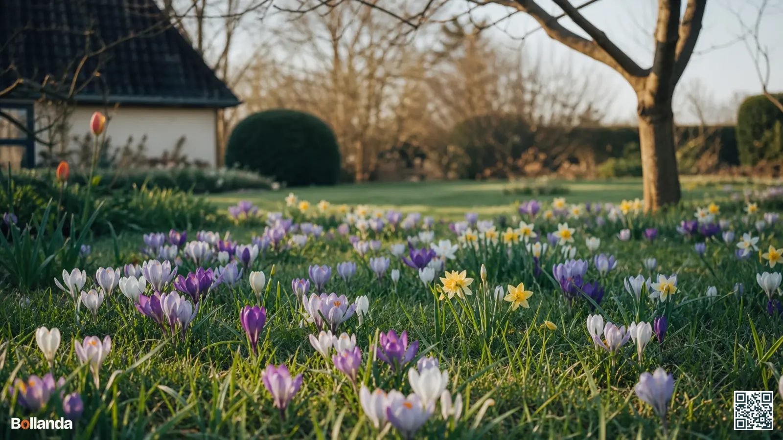 Grasveld met verspreid bloeiende krokussen en narcissen in het vroege voorjaar, een natuurlijk ogend bloemengazon.