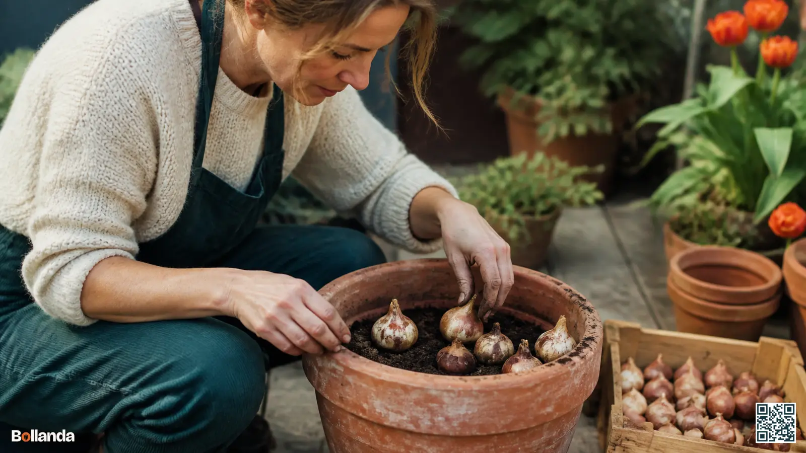 Tuinier plant bloembollen in lagen in een diepe terracotta pot met grond ertussen voor lasagnebeplanting.