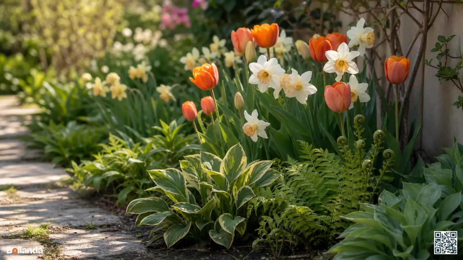 Voorjaarsborder met tulpen en narcissen tussen uitlopende hosta's en varens die afstervend bollenblad maskeren.