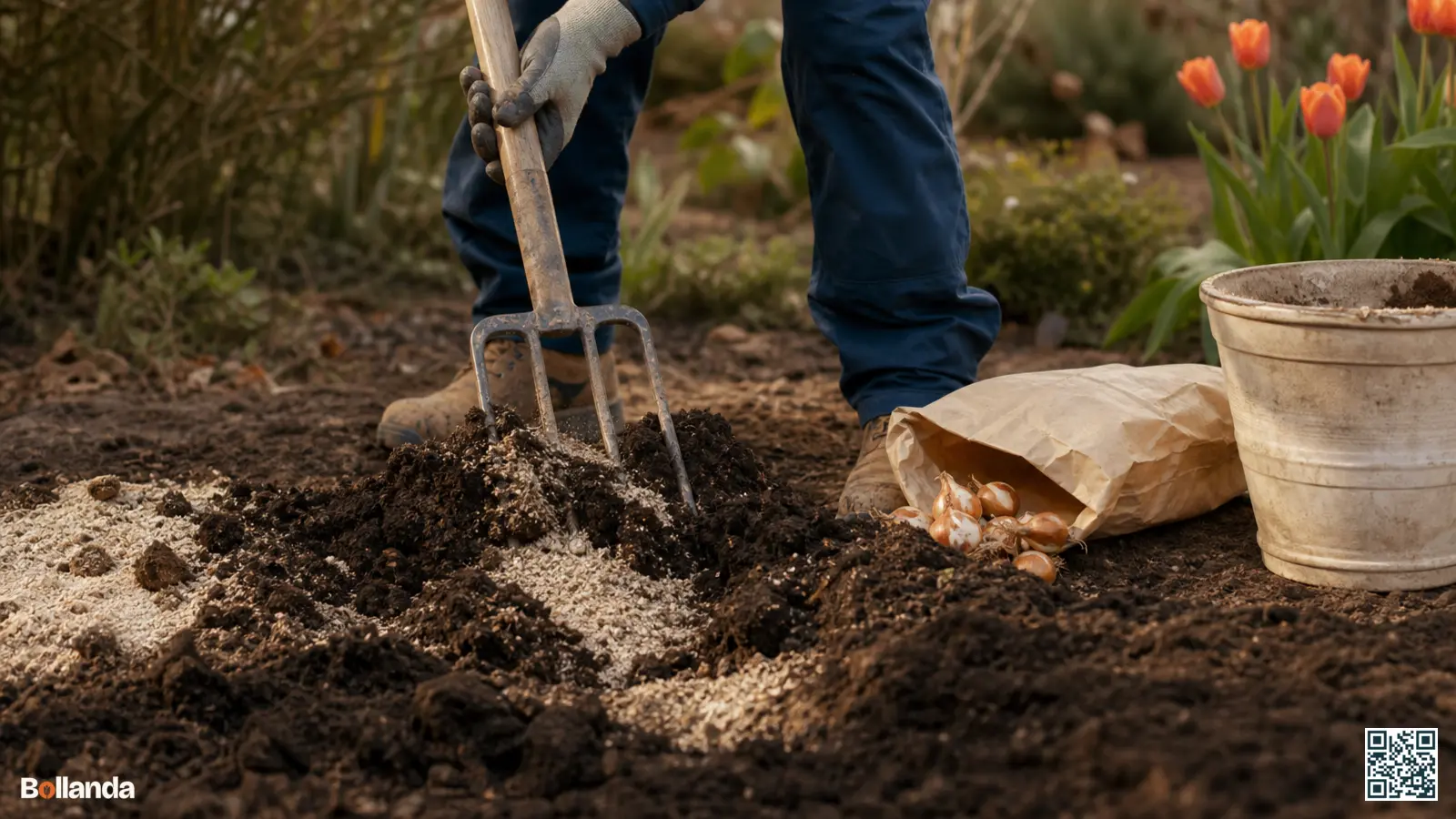 Tuinier mengt grof zand en compost door zware tuingrond met een vork om de bodem voor bloembollen te verbeteren.
