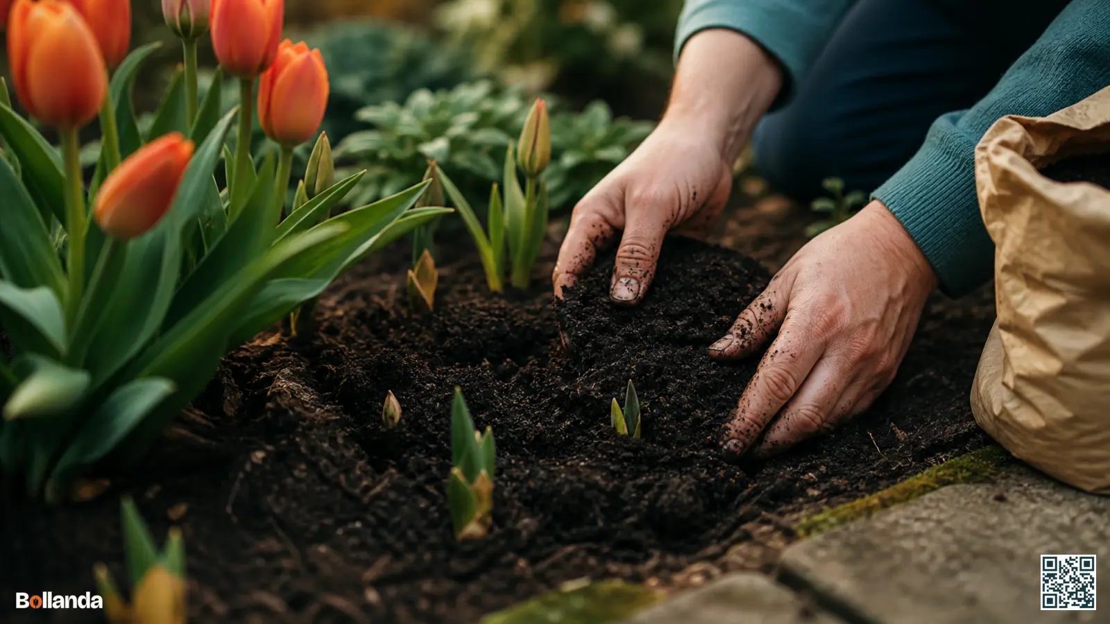 Handen brengen donkere compost aan rond opkomende bloembollen in een tuinborder met rijke bruine grond.