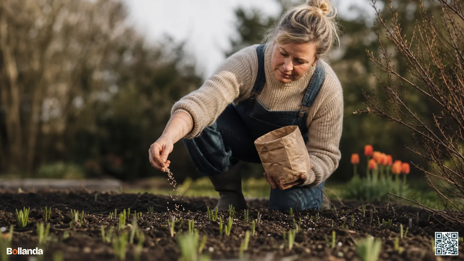 Tuinier strooit korrelmeststof rond opkomende voorjaarsbollen waarvan de groene punten net boven de grond komen.