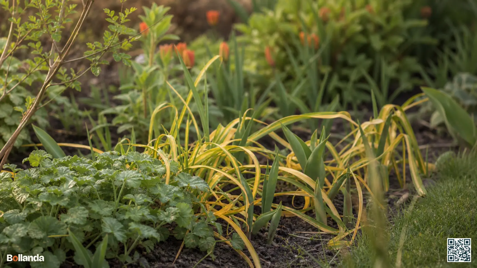Vergelend narcissenloof tussen opkomende vaste planten in een Nederlandse voorjaarsborder na de bloei.