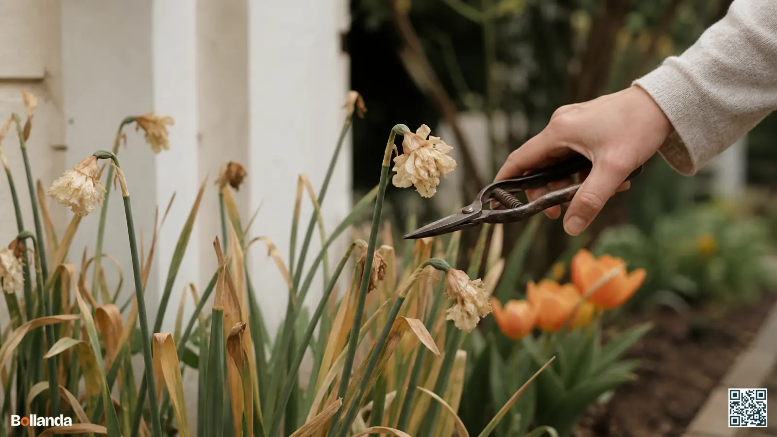 Uitgebloeide narcissen met vergelend loof in een voorjaarsborder en een hand met snoeischaar bij een uitgebloeide bloem.