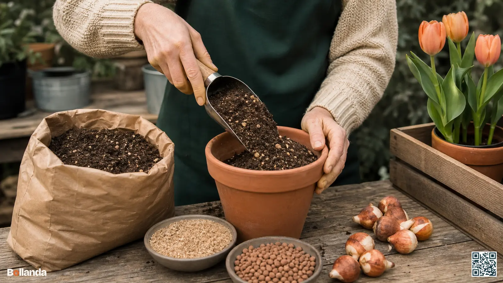 Tuinier vult een terracotta pot met doorlatende bollengrond en grof zand, met tulpenbollen ernaast op een werkbank.
