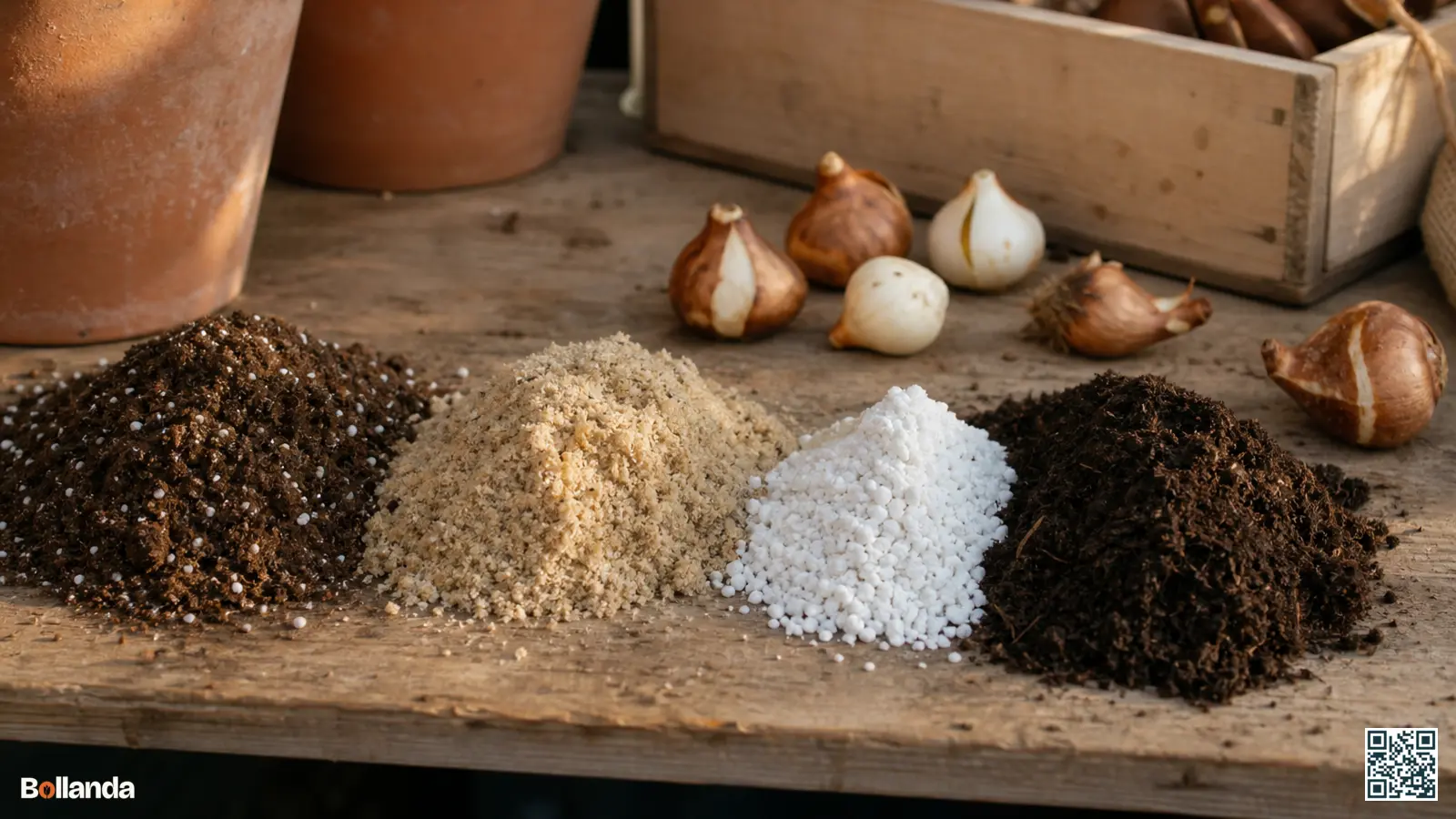 Aparte hoopjes potgrond, grof zand, perliet en compost op een werkbank met bloembollen klaar om te mengen.