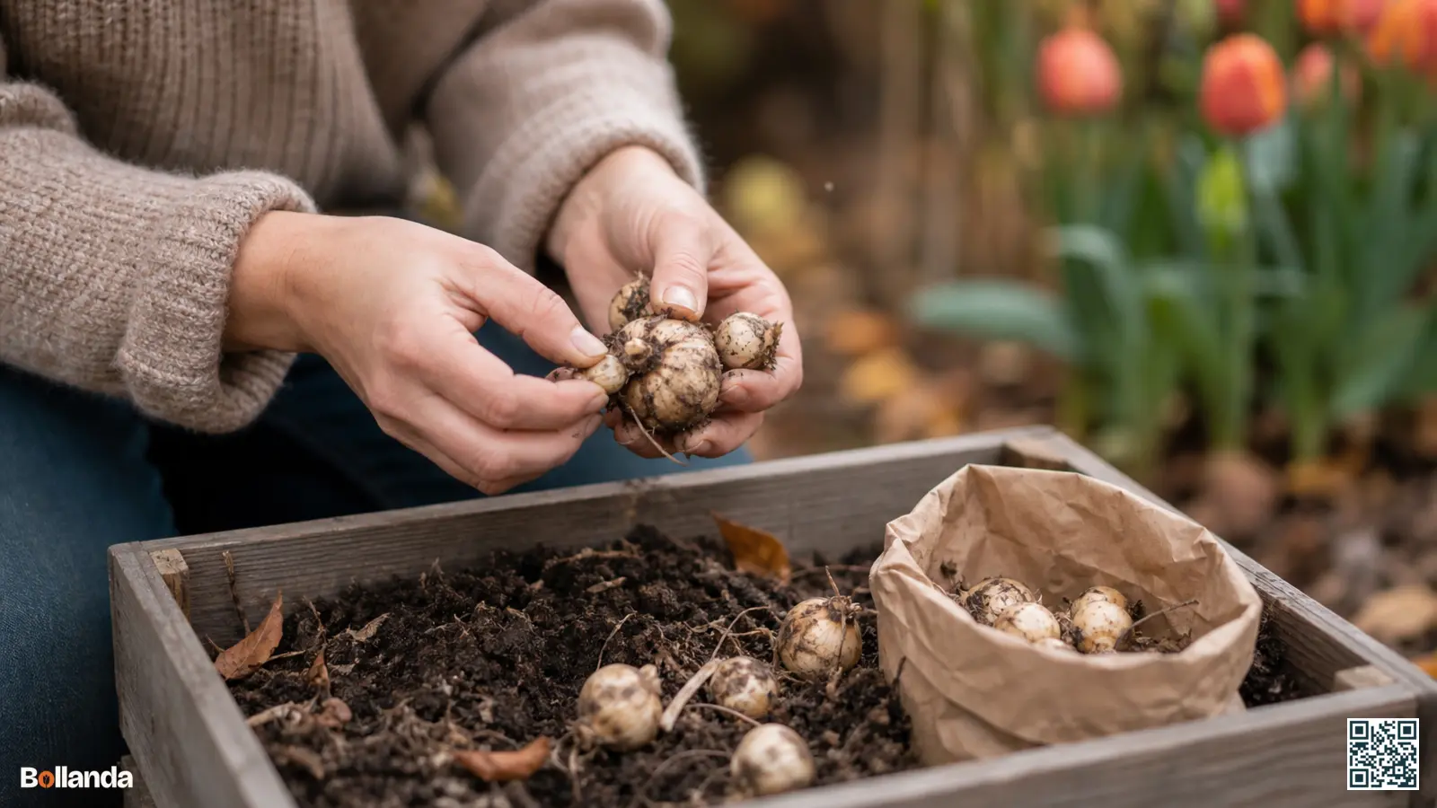 Handen maken kleine broedbolletjes los van een grotere moederbol boven een kweekbak met aarde in de tuin.