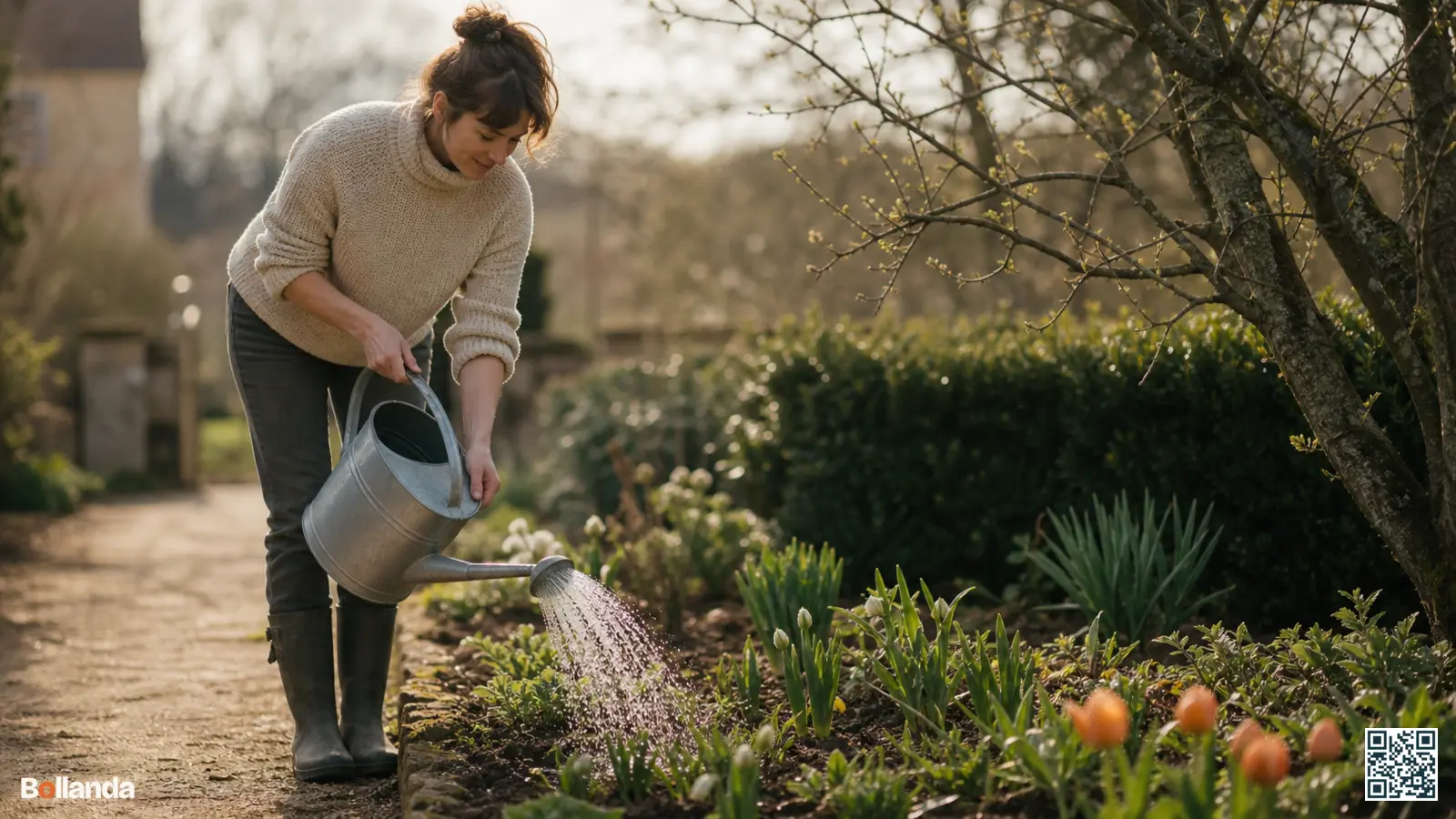 Een tuinier geeft met een gieter voorzichtig water aan opkomende bloembollen in een border.